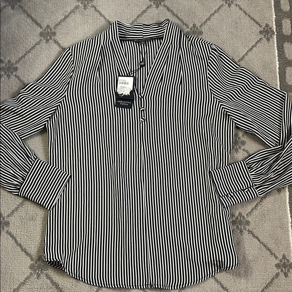 Adrianna Papell Black and White Striped Long-Sleeve Blouse